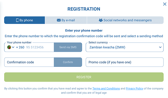 1xBet registration form